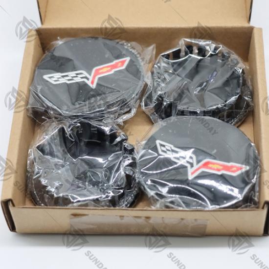 4PCS Wheel Center Rim Hub Caps Gloss Black Cross Flag 68mm For Corvette C7 C6