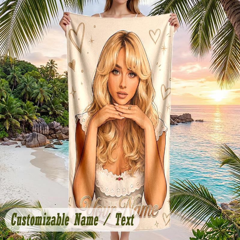 Sabrina Carpenter Beach Towel, Personalized Custom Name Text, Quick Dry Large Absorbent Towel For Beach Pool