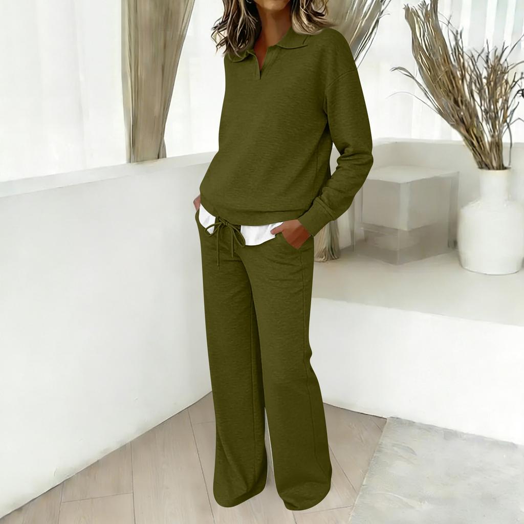 Zweiteiler für Damen - einfarbig - Baumwolle und Leinen - Langarm - V-Ausschnitt - Oberteil - Gerade geschnittene - Lässige - Hose - Set