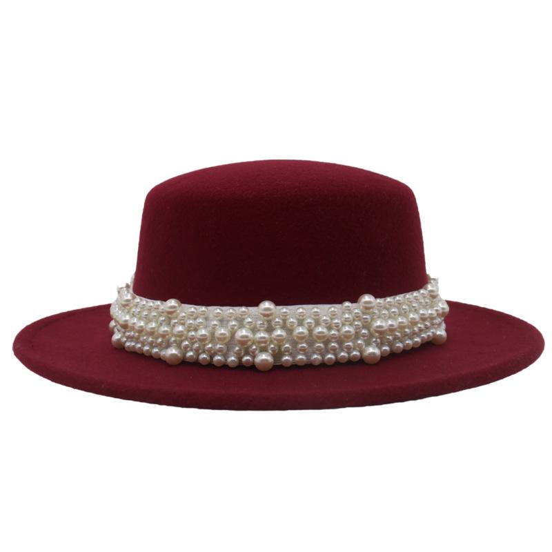 French Retro Woolen Top Hat Women'S Flat Top Pearl Felt Hat Wide Brim Sunshade Sunscreen Hat