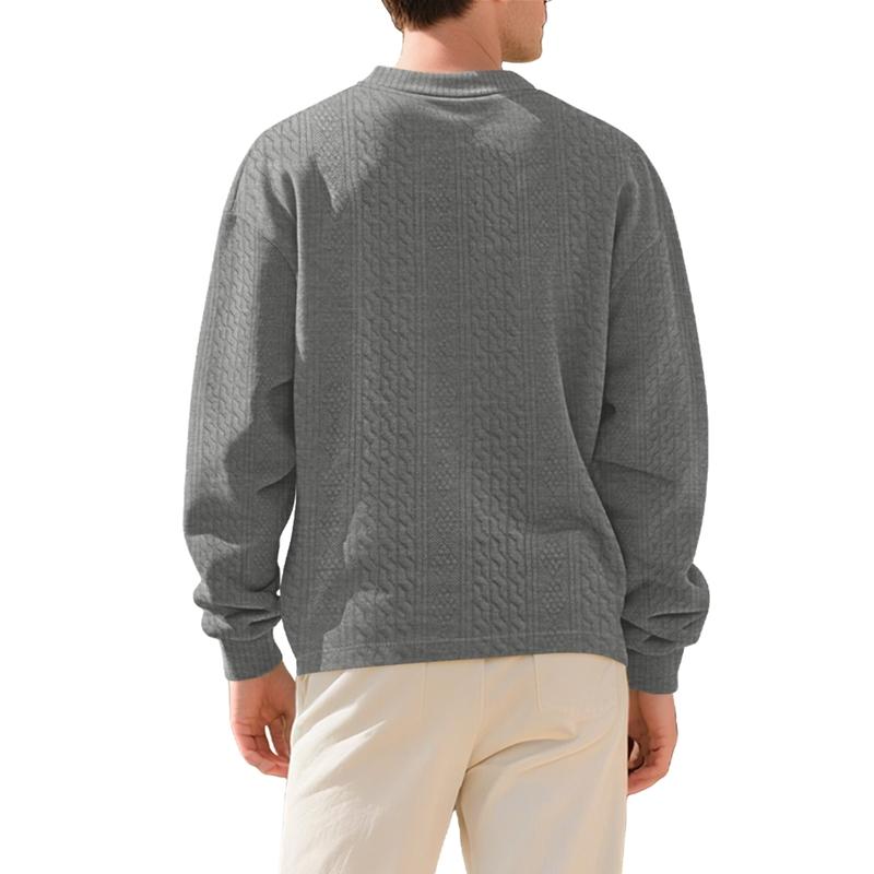 Men Vertical Cable Jacquard Textured V Neck Sweatshirt Ribbed Cuffs Long Sleeve Loose Fit Solid Color Spring Fall Daily Smart Casual Pullover Top