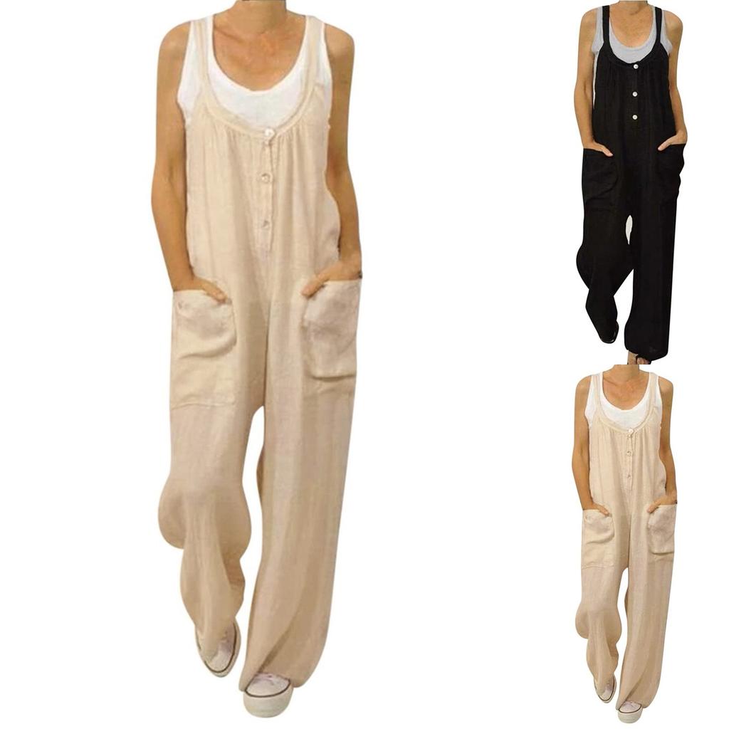 Fashion Womens Loose Summer Back Button Pocket Casual Jumpsuit