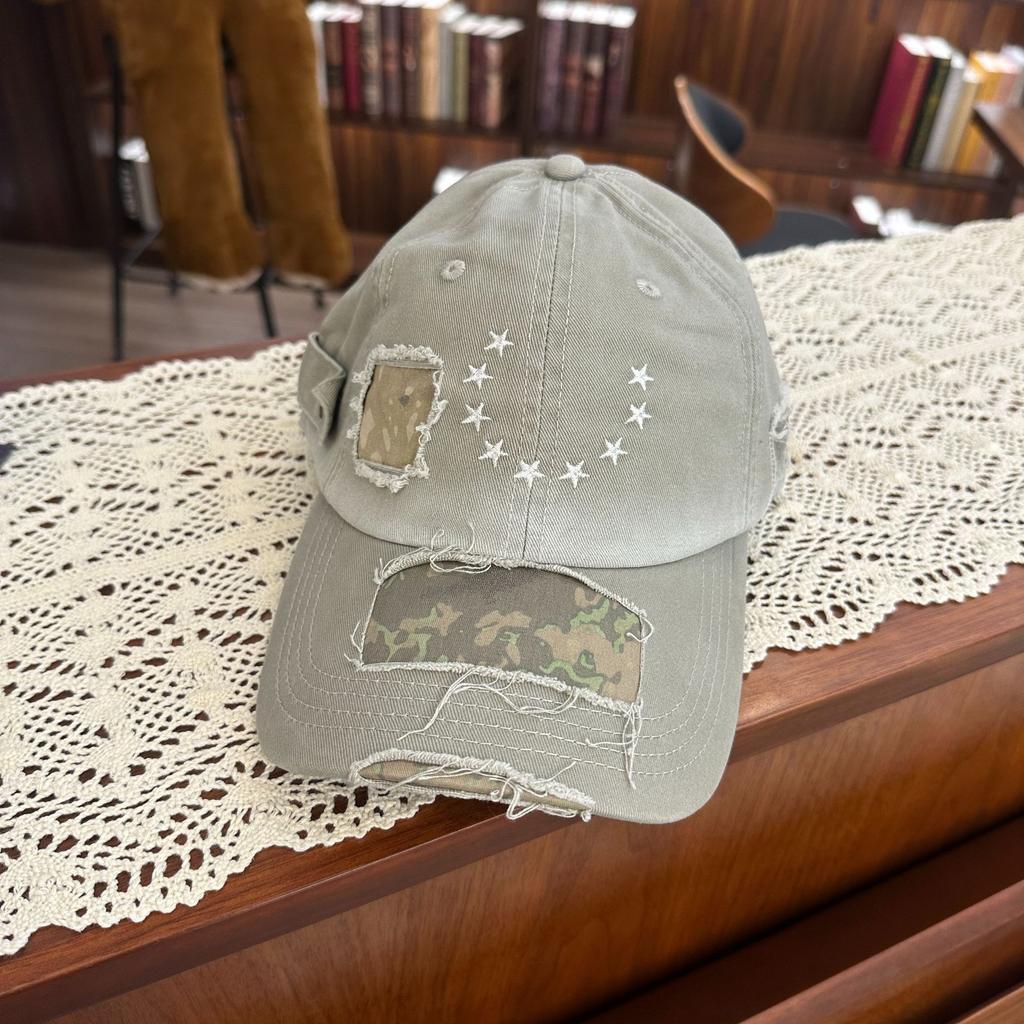 Japanese Style Distressed Hole Star Embroider Baseball Cap for Women Easiest for Matchretro Distressed Big Head Circumference Face Showing Small Peake
