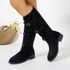 Fashion Women's Suede Leather Metal Buckle Slip-on Autumn Knee High Knight Boots Casual Female Long Botas Middle Heel Shoes for Woman