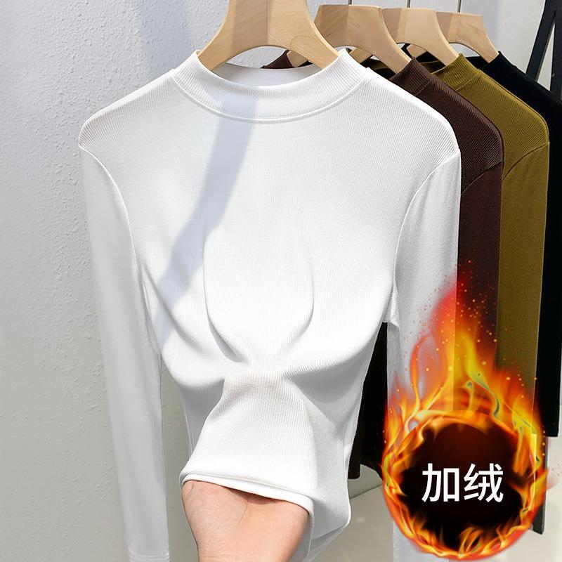 Threaded Bottomed Shirt Women's New Women's Clothing Temperament Stand-up Collar Long-sleeved T-shirt Waist and Elastic Top