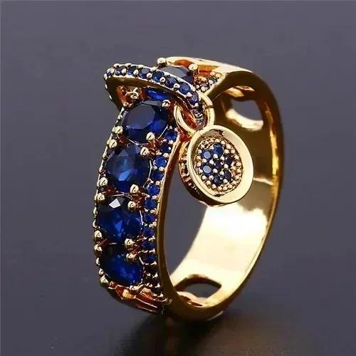 Zásnubní šperky Dárky Vintage Royal Blue Stone Prsten Žluté zlato Barva Luxusní Dámské Snubní prsteny Pro ženy Kulatý Visací prsten