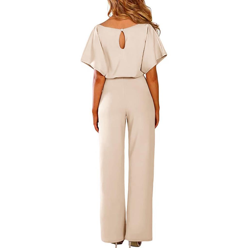 Solid Color Short-Sleeve Tie-Sleeve Romper Jumpsuit