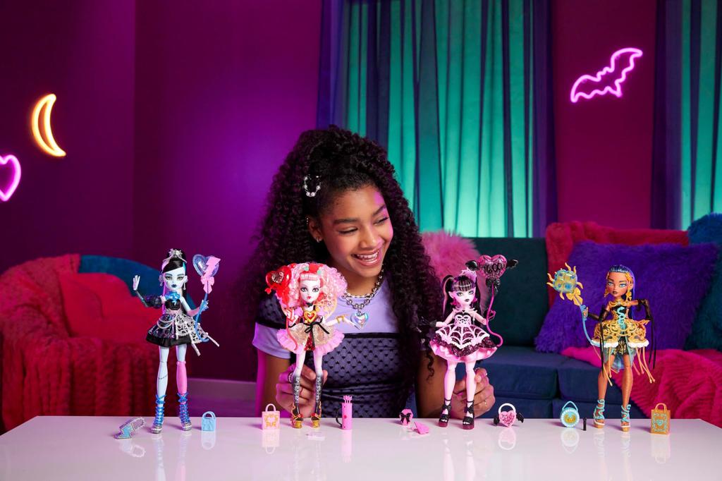 Monster High Scary Sweet Birthday Frankie Stein in a Black Party with themed accessories including an and Doll, Dress, invitation, balloons, toys,