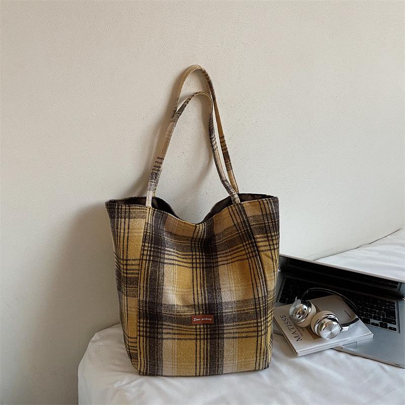 Korean Style Plaid Woolen Tote Bag - Large Capacity & Versatile for Winter 2025