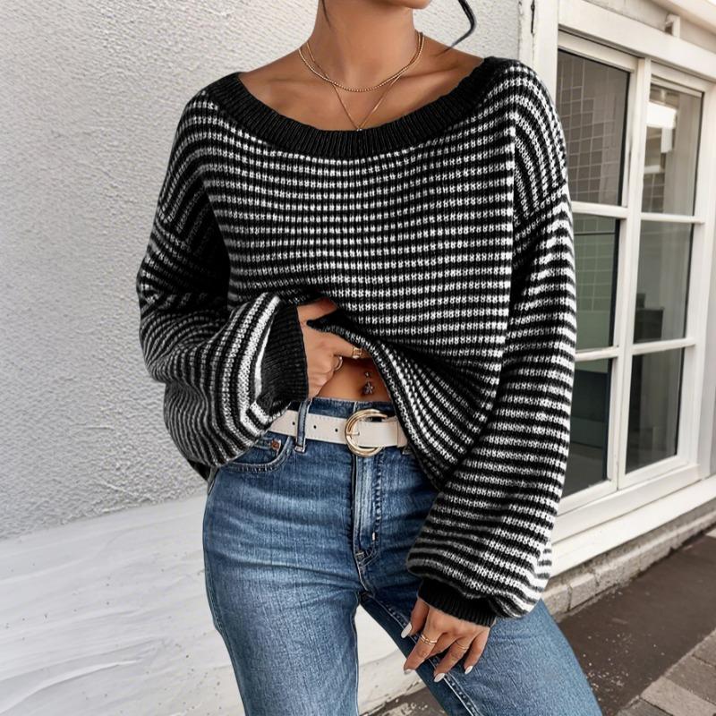 Fashion One-word Neck Striped Off-the-shoulder Knitted Women Sweater Autumn and Winter Pullover Loose Simple Office Sweaters Casual Long Sleeve Tops