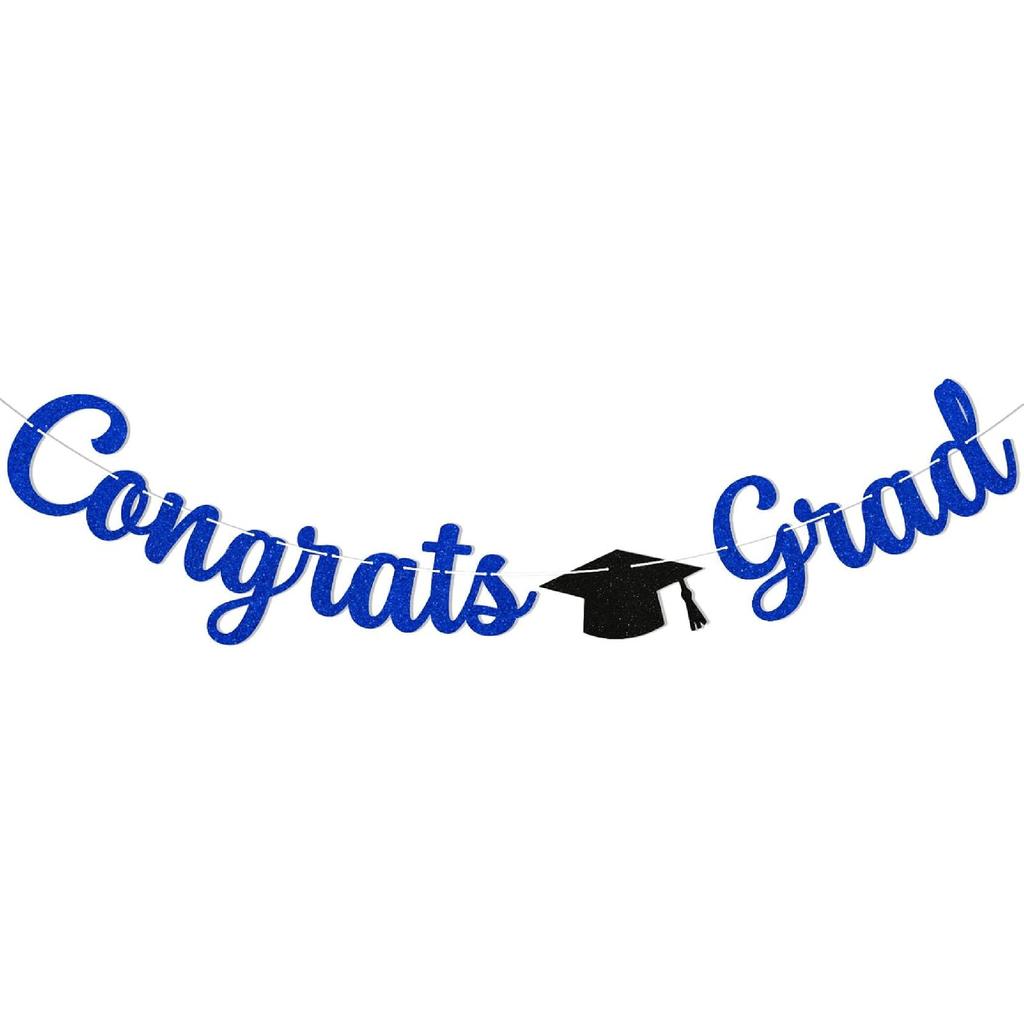 Pre-Strung Congrats Grad Banner - Black Glitter Graduation Party Banner with Cap, Congratulations Graduate Decor, High School College Graduation