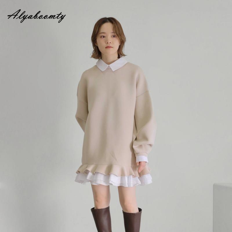 Korean Style Autumn Winter Women Hoodies Turn-Down Collar Patchwork Striped Oversized Pullover Layered Ruffles Outerwear