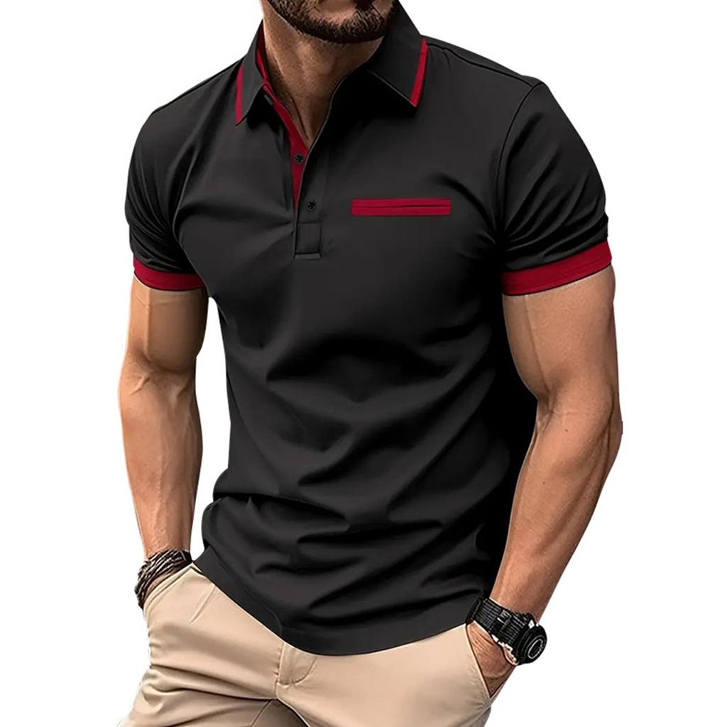 Men's Casual Shirt With Fake Chest Pocket, Lapel Buttons, Business T-shirt, Color Blocked Top For Men
