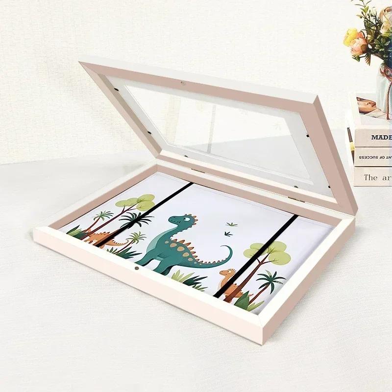 Molduras de Arte Infantil de Madeira Magnética com Abertura Frontal Mutável Kids Frametory Para Exibição de Fotos, Desenhos, Pinturas, Imagens, Decoração de Casa