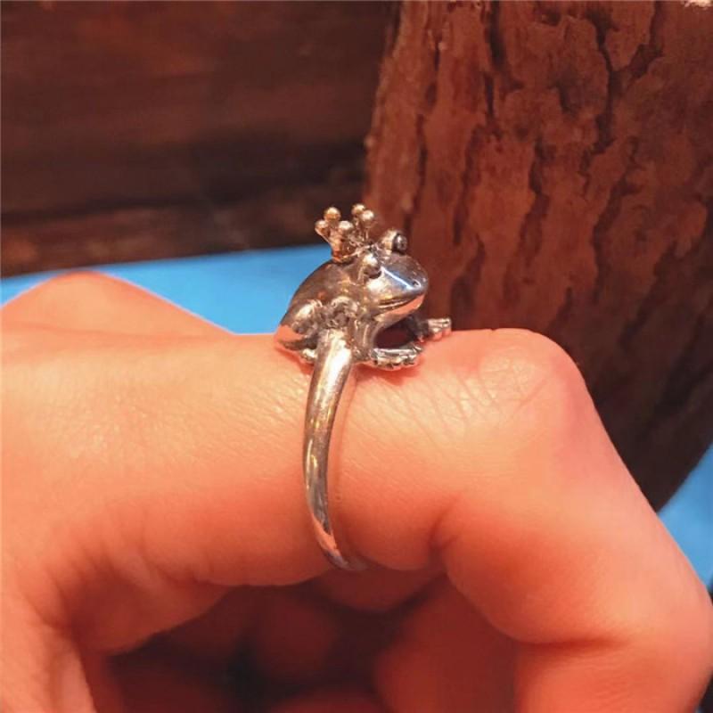 Adjustable Open Ring Men Women Sterling Crown Frog Design Vintage Artisan Jewelry