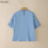 ZANZEA Women Casual Stand Collar Half Sleeve Lace Embroidery Patchwork Blouse