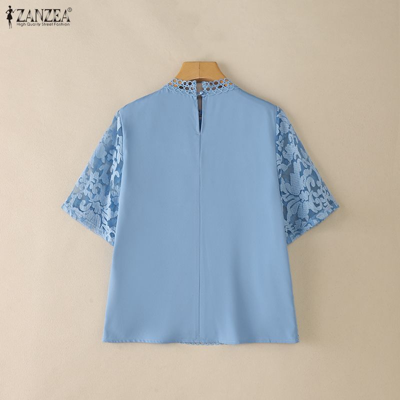 ZANZEA Women Casual Stand Collar Half Sleeve Lace Embroidery Patchwork Blouse