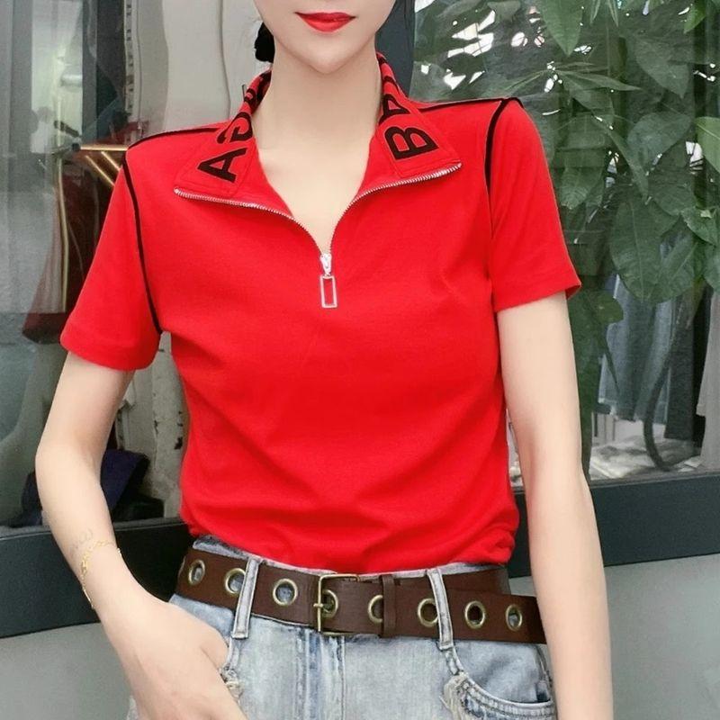 

European Station 2022 Autumn Slim Fit Long-Sleeved T-shirt Jacket Half zipper short sleeve red L