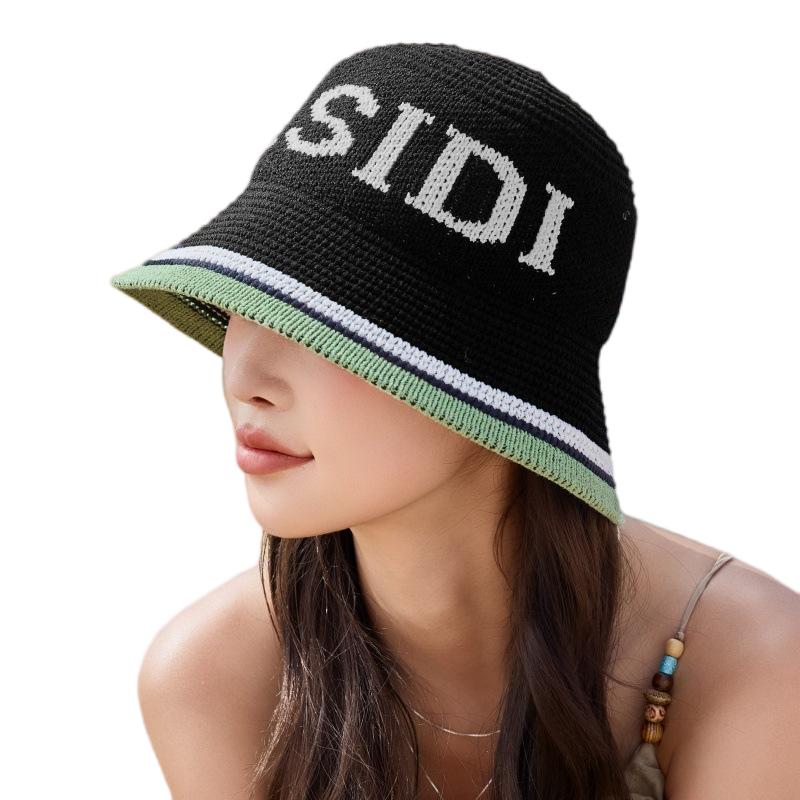 Spring Summer Panama Hat Women Hollow Knitted Hat Bucket Hat Outdoor Sun Visor Beach Hat Letter Jacquard Breathable Travel Cap