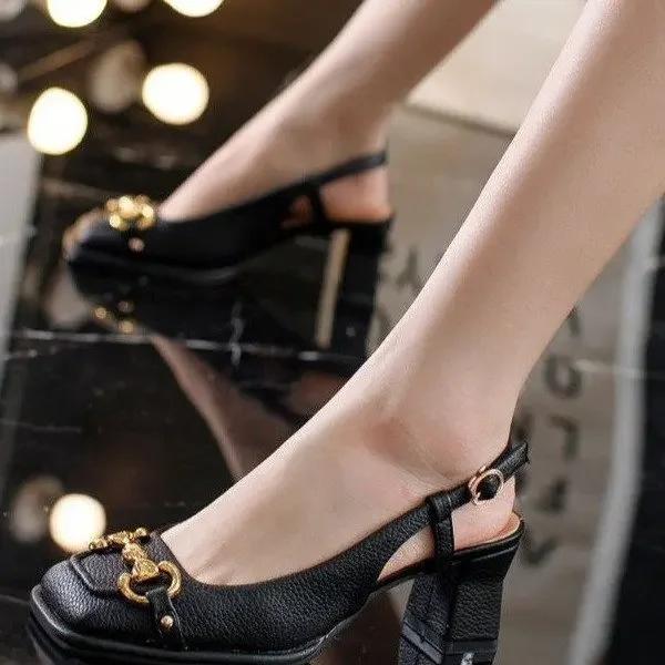Fashion Large Size 42 Size Retro Square Toe High Heel Sandals for Women 2025 New Horse Bit French Mary Jane Thick Heel Shoes