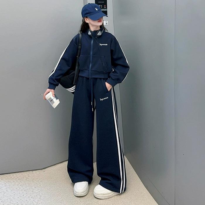 

Baby Girls Korean-Style Striped Jacket & Pants Set for Spring/Autumn 140 cm темно-синий