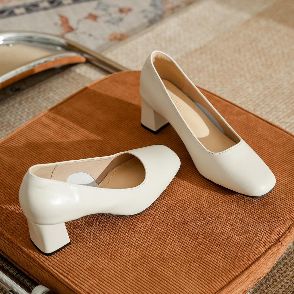 Leather square head low-heeled single shoes female spring autumn new Korean version fairy style professional commuting French thick-heeled high heels