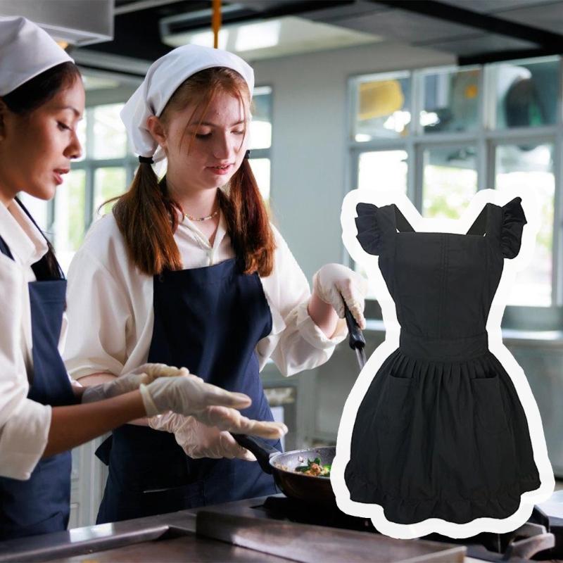 Women Ruffled Apron with Pocket Cotton Apron Pinafore Dress Ruffle Maid Apron Kitchen Cooking Apron for Baking Gardening
