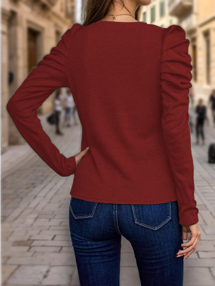 2024 Women's High-Elastic Cashmere Round Neck Slim Fit Puff Sleeve Long Sleeve Top for Autumn and Winter