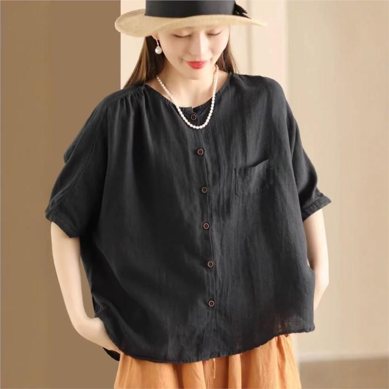 Johnature Women Vintage Shirts Tops Summer O-Neck Short Sleeve Blouses Solid Color Button Female Shirts