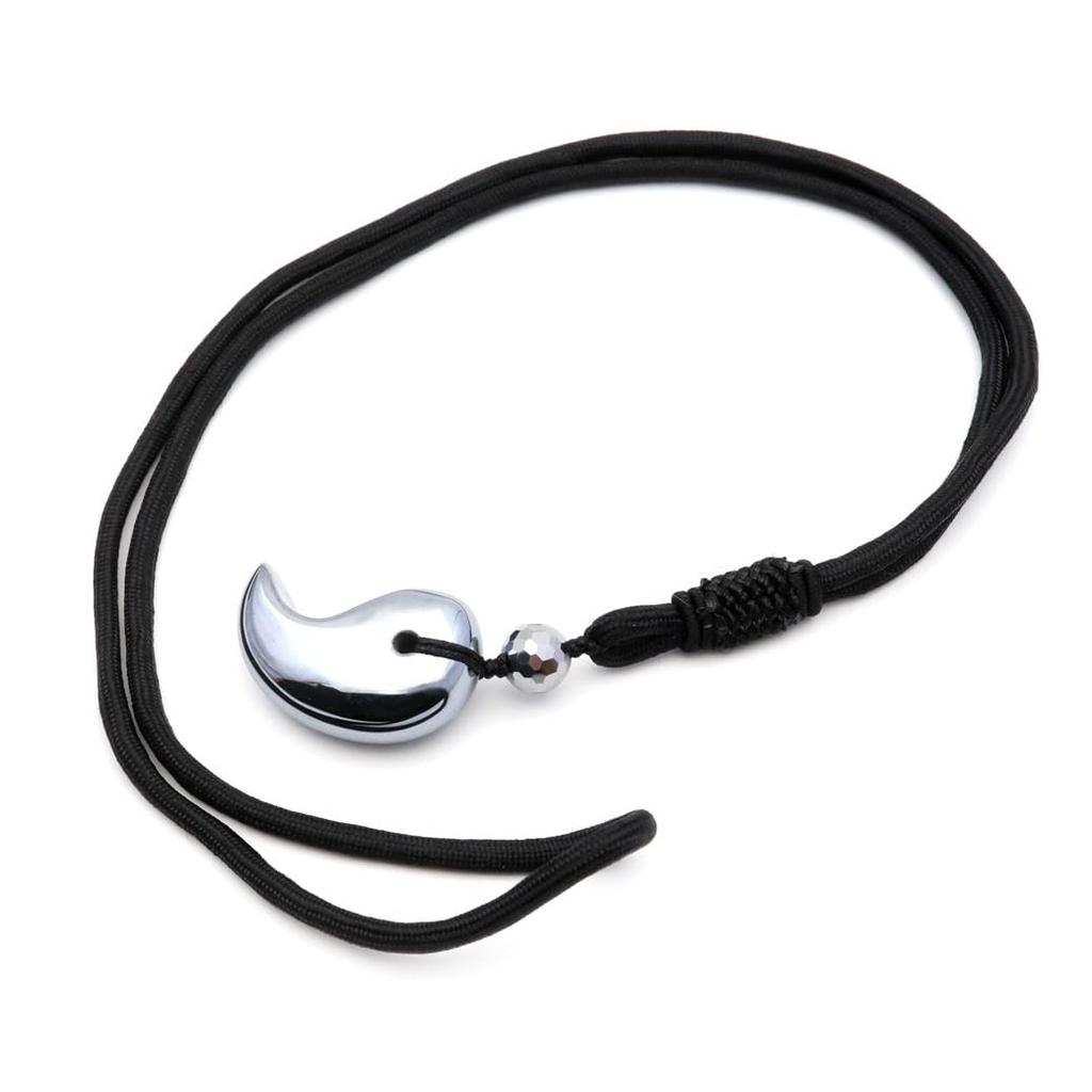 [GOLD STONE] Terahertz Ore Magatama String Necklace with 8mm Beads, Health Amulet, Terahertz Power Stone, Natural Stone Pendant