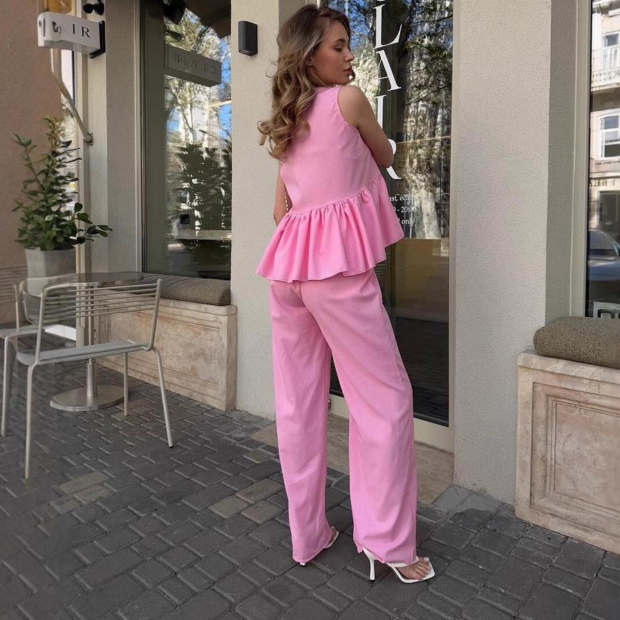 Conjunto Versátil de Verano 2025 con Escote en V, Cintura Entallada, Pantalones de Pierna Ancha y Top Holgado
