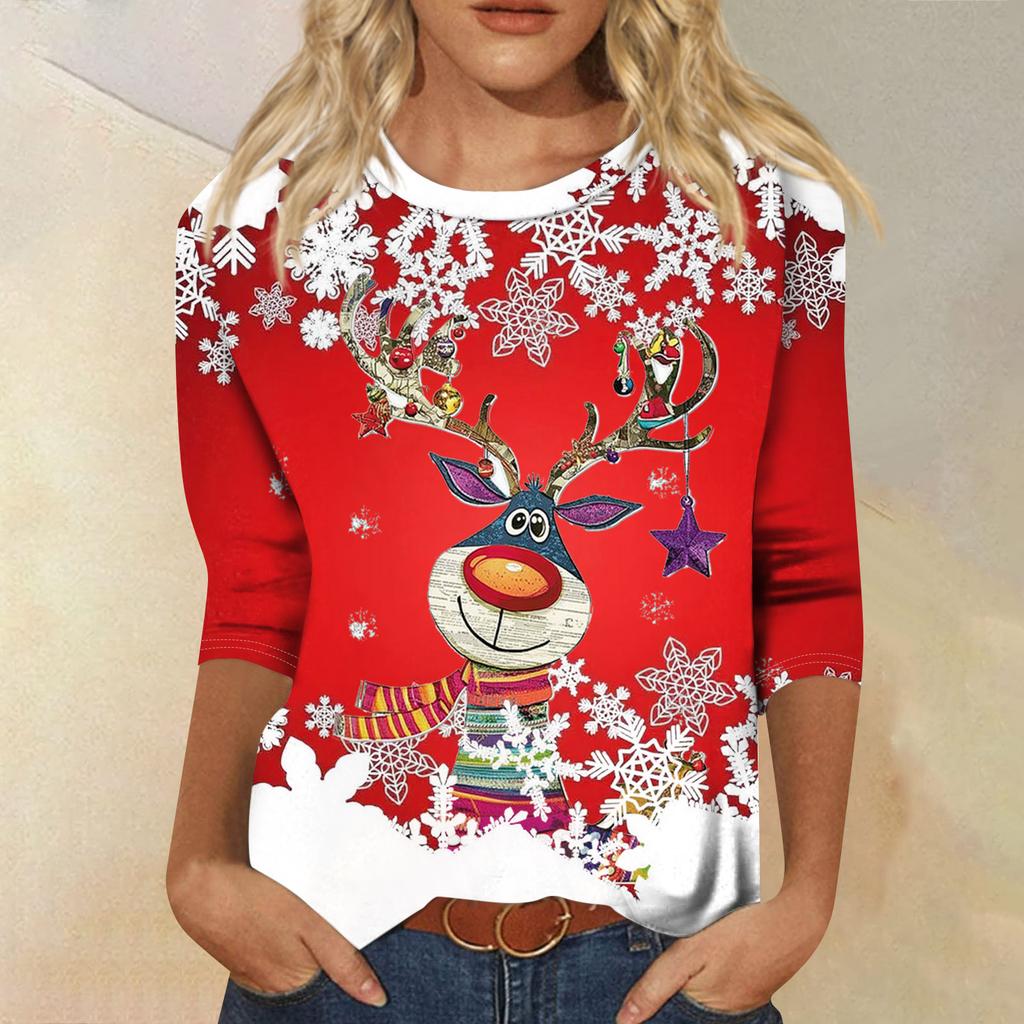 Damenmode Lässiges Rundhals-T-Shirt mit 3/4-Ärmeln und lockerem Aufdruck