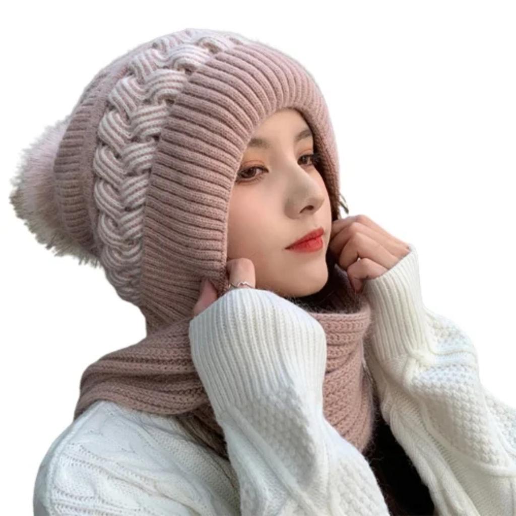 Women's Winter Knitted Hat And Scarf Set, With Pom-poms, Soft And Warm Knitted Headscarf