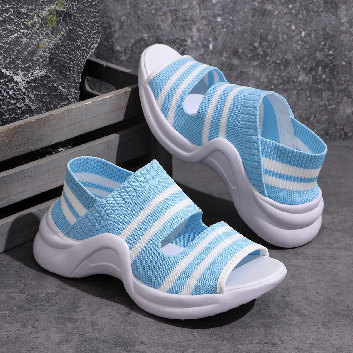 

Женские босоножки на плоской подошве 2025 года, туфли на платформе и высоком каблуке, весна-лето, женские туфли без застежек с открытым носком, нескользящие удобные босоножки на танкетке 39 небесно-голубой