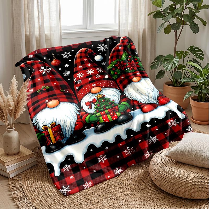 Festive Christmas Gnome with Tree and Heart Theme Blanket Lightweight Warm Flannel Blanket Decorative Throw Blanket for Home Decoration