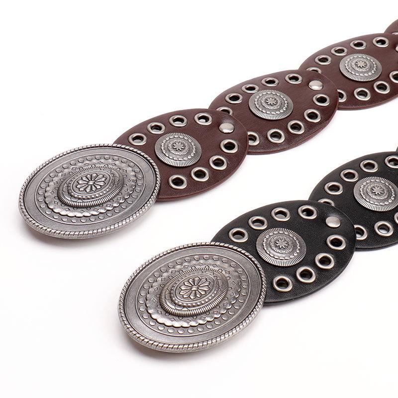 Spice Girl Retro Women'S Belt Exaggerated Punk Style Oval Splicing Waist Seal Large Round Piece Pattern Alloy Buckle Belt Women