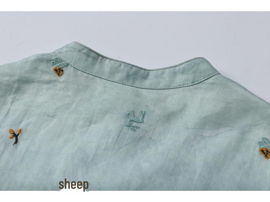 2026 Summer Women's Linen Embroidered Stand Collar Mid-Sleeve Qipao Dress with Slit