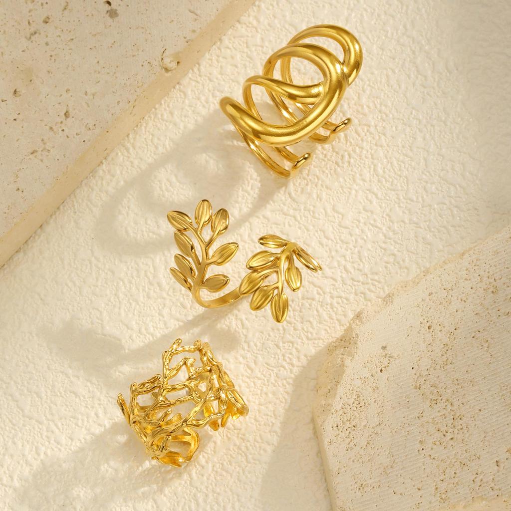 Geometric Leaves Opening Ring for Women,Gold Color Stainless Steel Irregular Hollow Rings,Chic Jewelry Party Mother's Day Gift