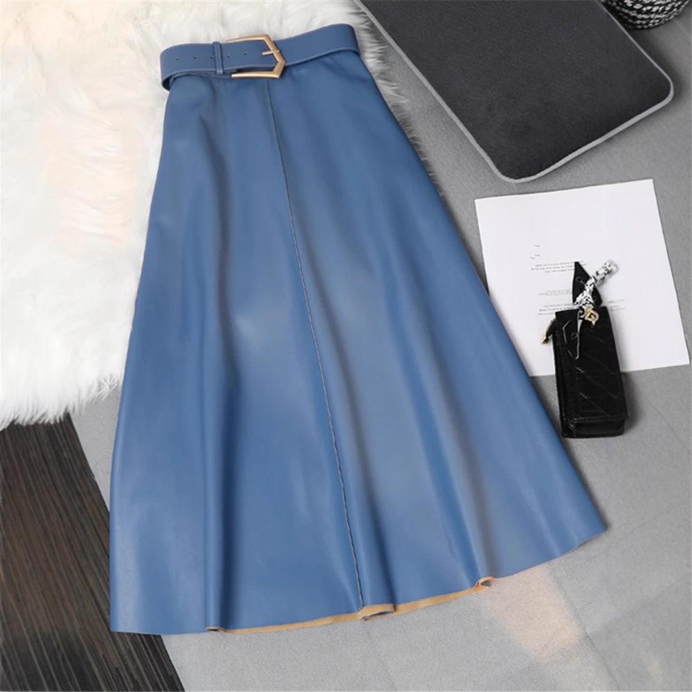 

Осенне-зимняя коллекция 2025 года Европейская и американская юбка-миди А-силуэта с высокой талией из искусственной кожи One Size синий