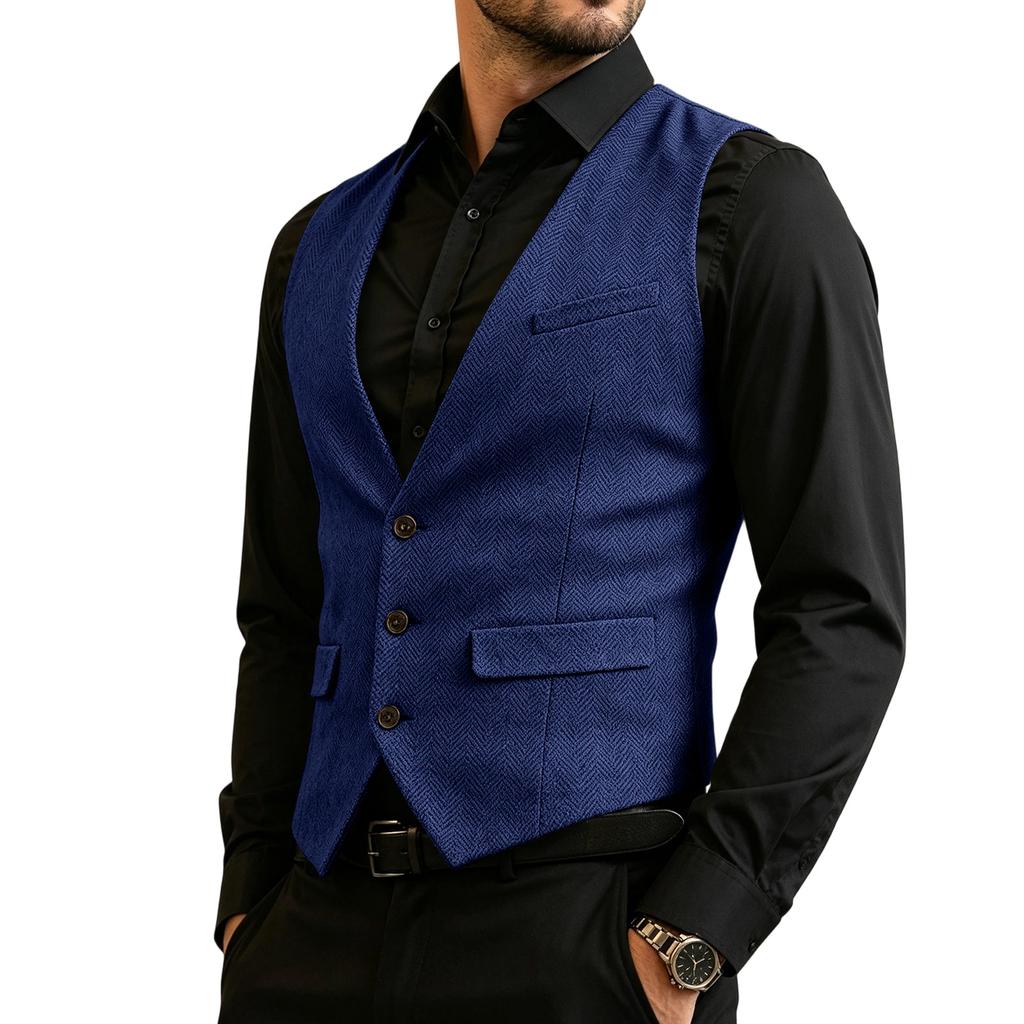 Herren Business Weste Slim Fit Formale Weste Knopfleiste Anzugweste mit Mehreren Taschen für Büro und Freizeit