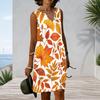 Women Plus Size Sleeveless Notch V Neck White Base Red Tulip Floral Printed Casual Dress