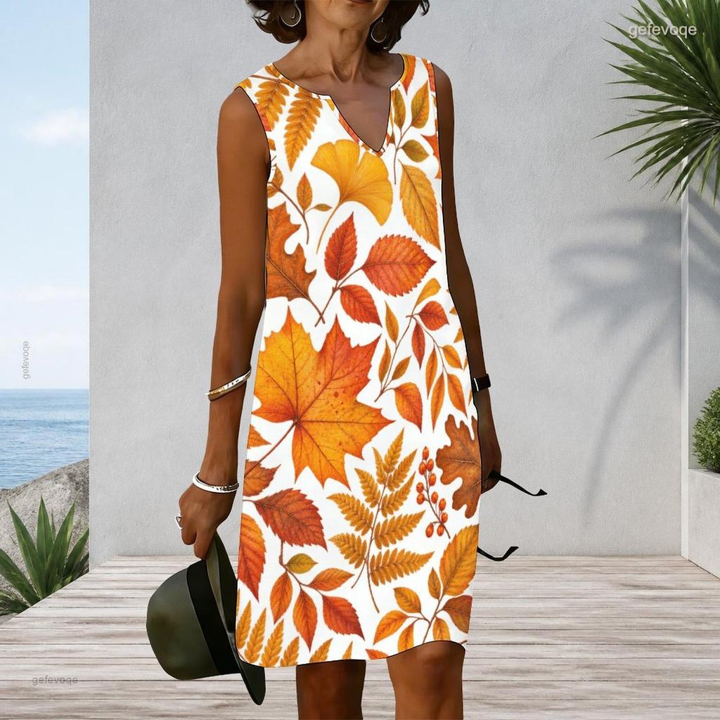 Women Plus Size Sleeveless Notch V Neck White Base Red Tulip Floral Printed Casual Dress