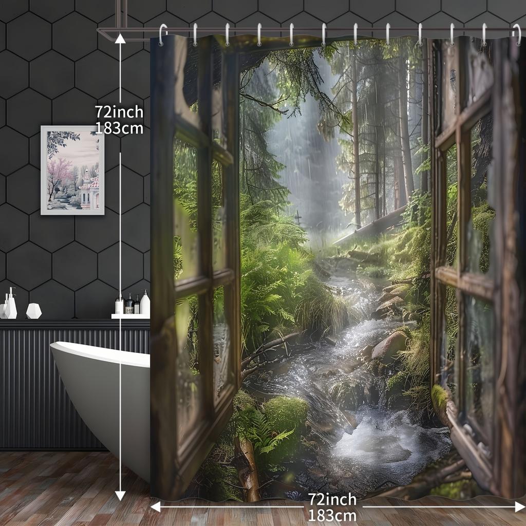 1Pc Shower Curtain - Rustic Window View Into A Lush Forest With A Babbling Brook, Perfect For Bathroom Decoration, Bringing
