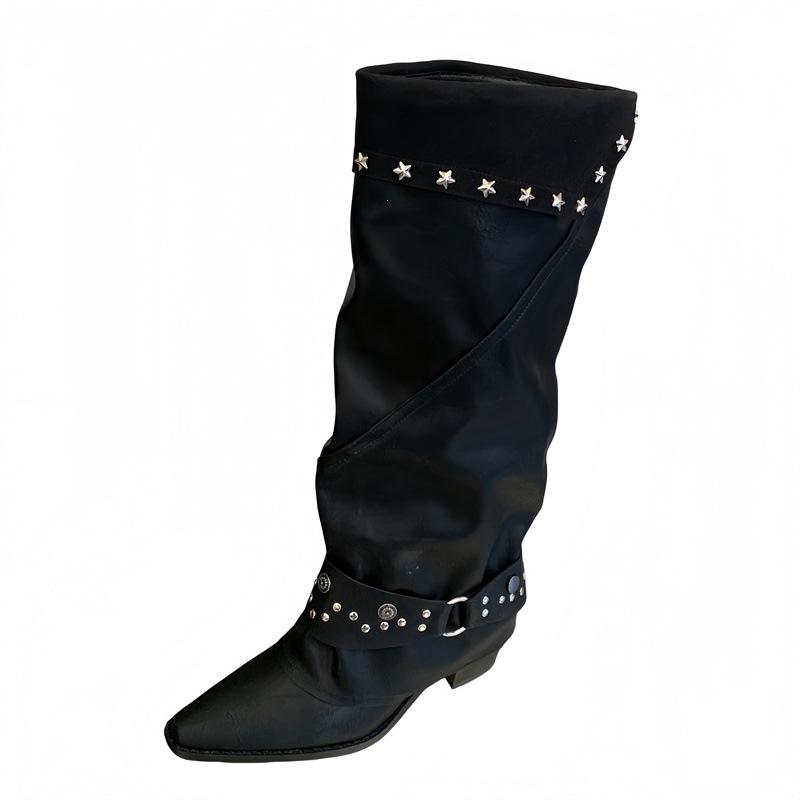 Leather~ Spice Girl Rivet Pointed Trousers Boots Women's Retro Belt Buckle Thick Heel Knight Boots Black Pile Boots Women's