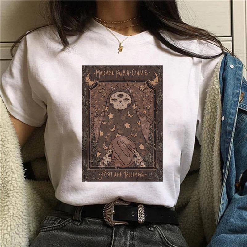 Magic In All Tarot Print T-Shirt Kawaii Magic Cat Printed Tshirt Astronomy Tee Shirt Top Aesthetic Women Hippie Bohemian Tshirt