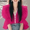 VONDA Women Summer V Neck Puff Half Sleeve Ruffled Buttons Casual Blouse