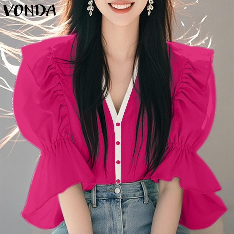 VONDA Women Summer V Neck Puff Half Sleeve Ruffled Buttons Casual Blouse