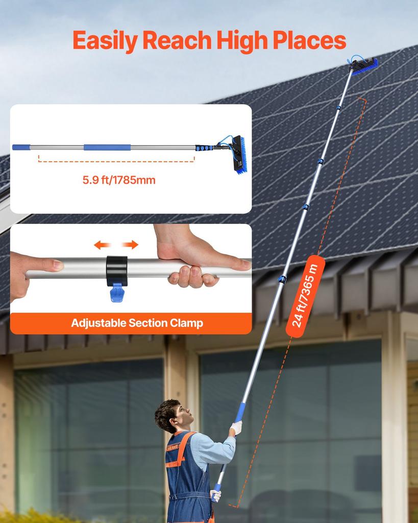 VEVOR Water Fed Pole Kit, 7.3m Solar Panel Cleaning Pole with Extendable Handle, 180 degrees Rotatable Brush Head & 20m Hose