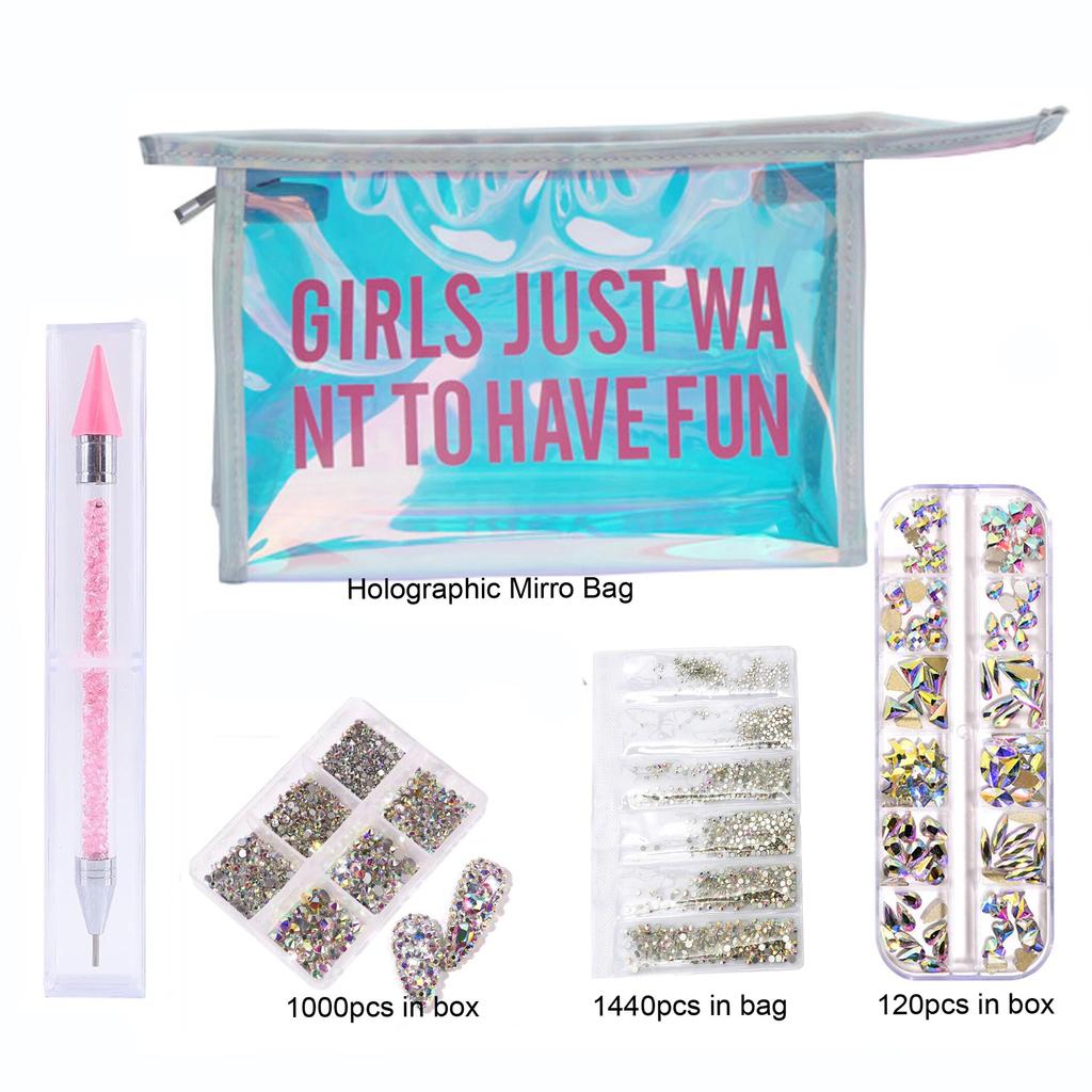 Sada kamínků bez fixace/křišťálové sklo Hotfix kamínky v zrcadlové foliové taštičce manikúrové pero Štrasové příslušenství pro zdobení nehtů