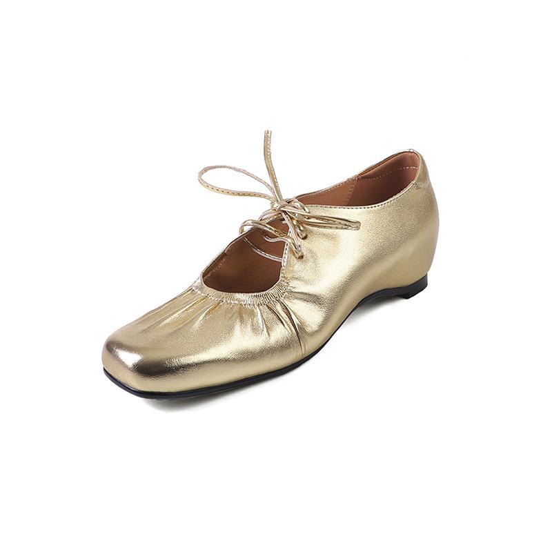 

inner height-increasing silver Mary Jane shoes~ cowhide bow gold and silver outer wear European and American pleated lazy shoes height-increasing shoe 39 золотой